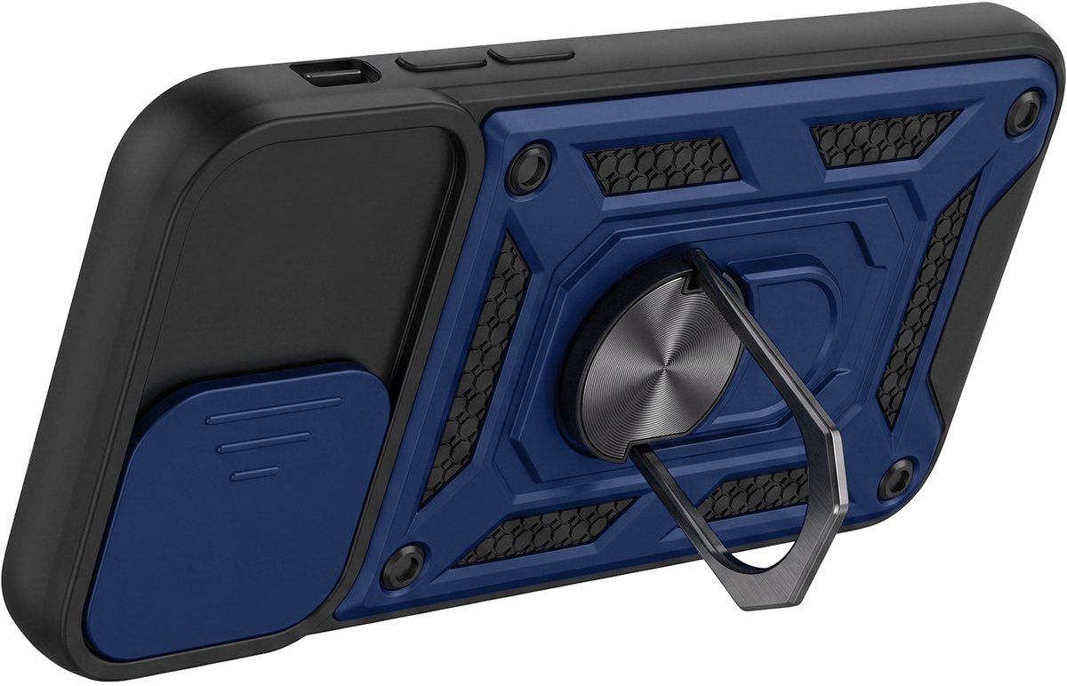 Mayaxess, Hoesje Geschikt voor Apple iPhone 13 met Draaibare Magneetring en Schuifbare Cameracover, Nachtblauw