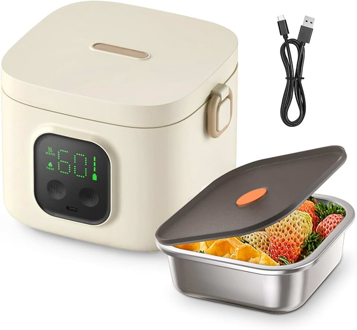 Lunchbox, Heatbox 14000 mAh, elektrische lunchbox met accu, 7 niveaus verwarmbare lunchbox met vakken voor kantoor, picknick, auto en buiten