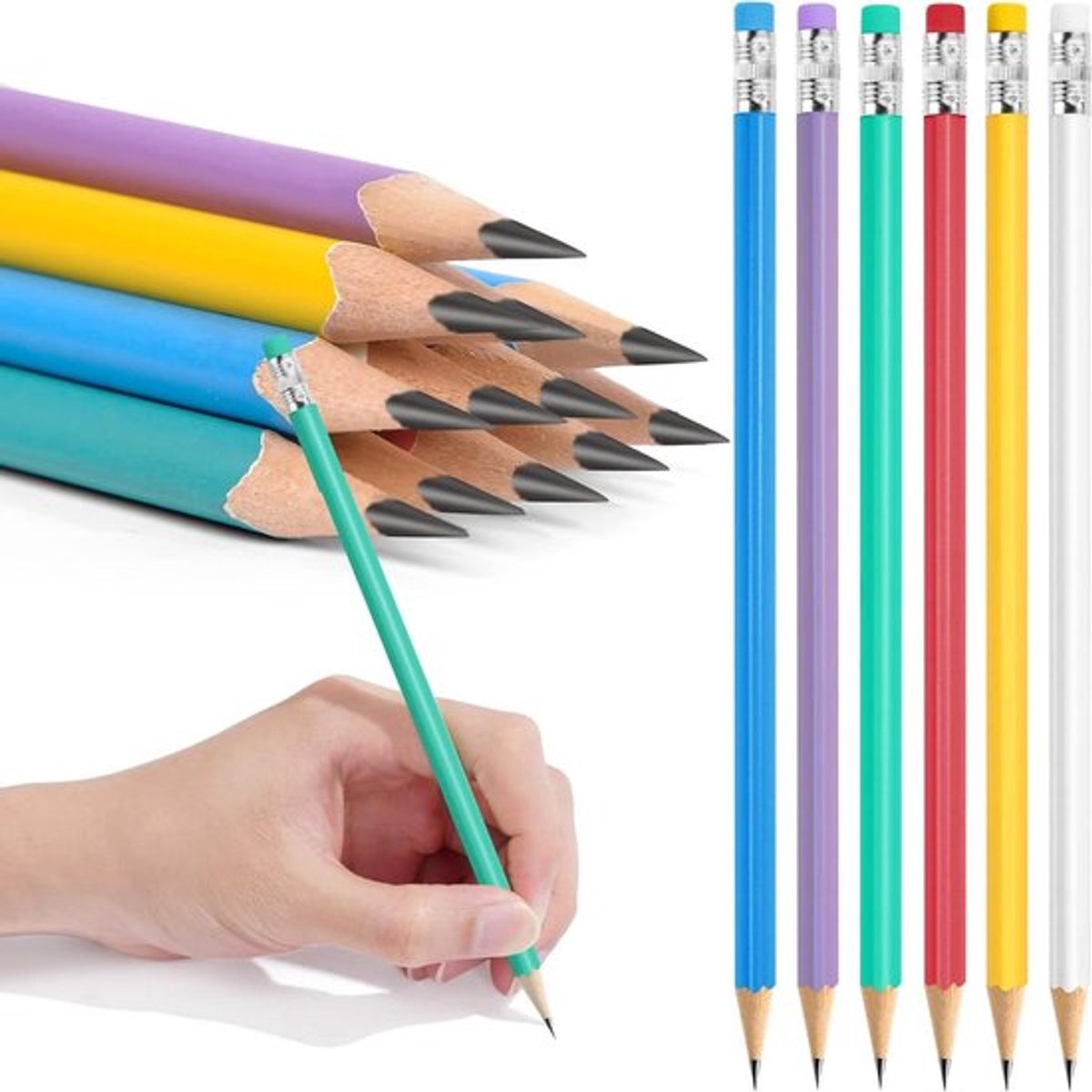 Set van 12 meerkleurige potloden met gum, houten HB vulling, zwarte grafietpotloden voor kinderen, studenten, volwassenen, school, kantoor, bruiloft, feest.