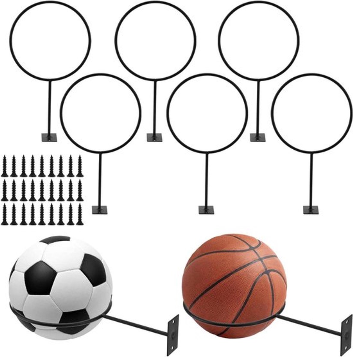 Wandgemonteerde balhouder voor 8 sportballen - Basketbal, volleybal, voetbal.