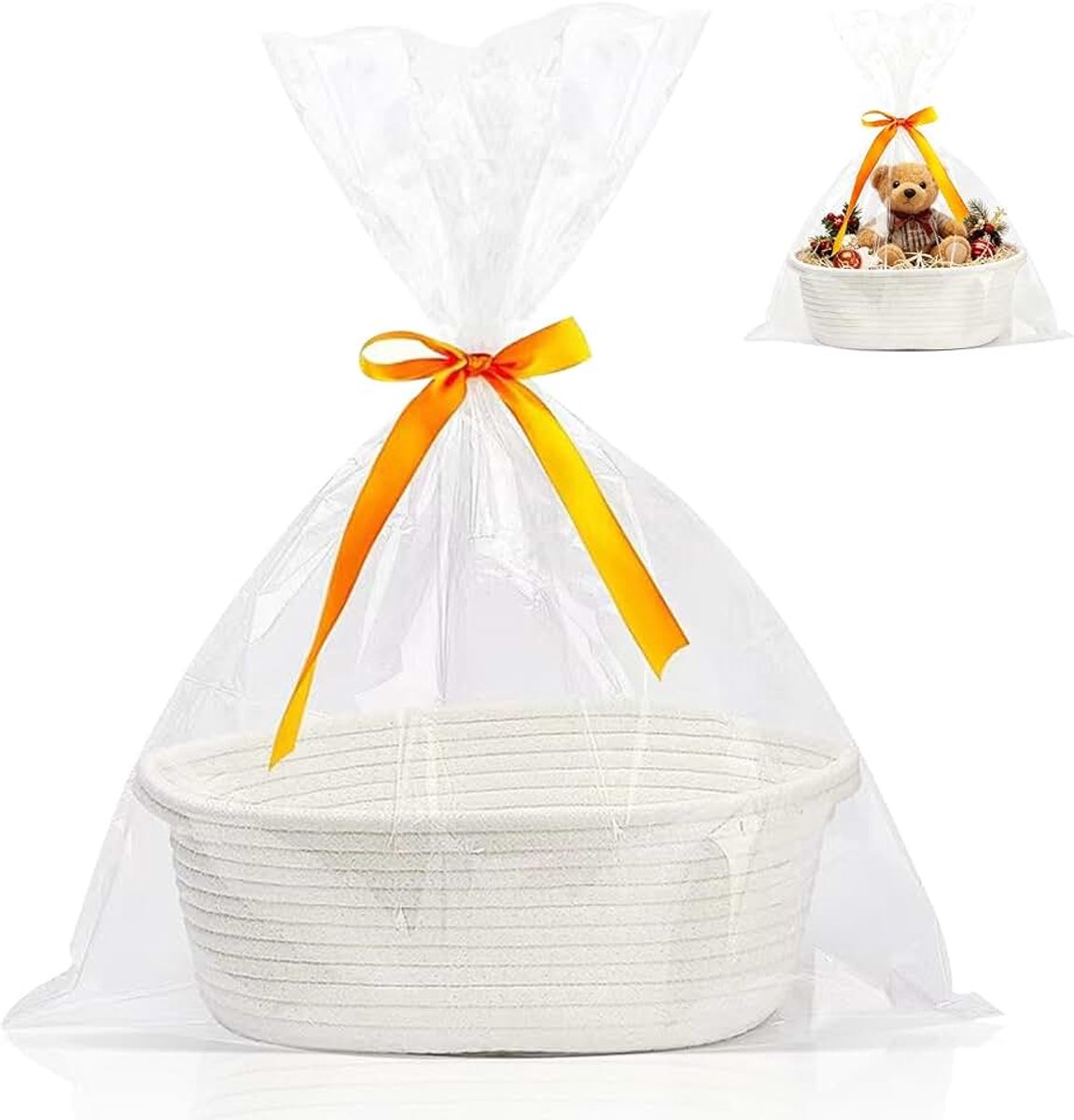 Geschenkmand, opbergmand, gevlochten mand voor geschenken met cadeauzakjes en linten, leeg, voor babyshower, verjaardag, bruiloft, Pasen, Thanksgiving, Kerstmis (wit)