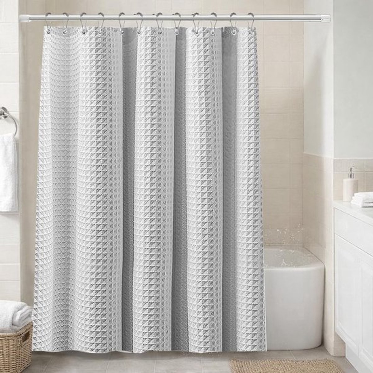 Waterdicht douchegordijn 180 x 200 cm, schimmelbestendig en machinewasbaar, inclusief roestvrijstalen haken, zilvergrijs, ideaal voor badkamer en sanitair