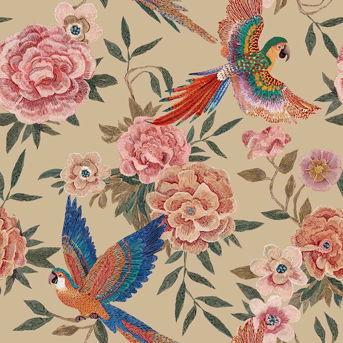 Behang bloemen zelfklevend 44,5 cm x 400 cm vintage wandbehang papegaai patroon behang decoratieve folie meubelfolie plakbehang kinderkamer badkamer waterdichte folie voor meubels trap