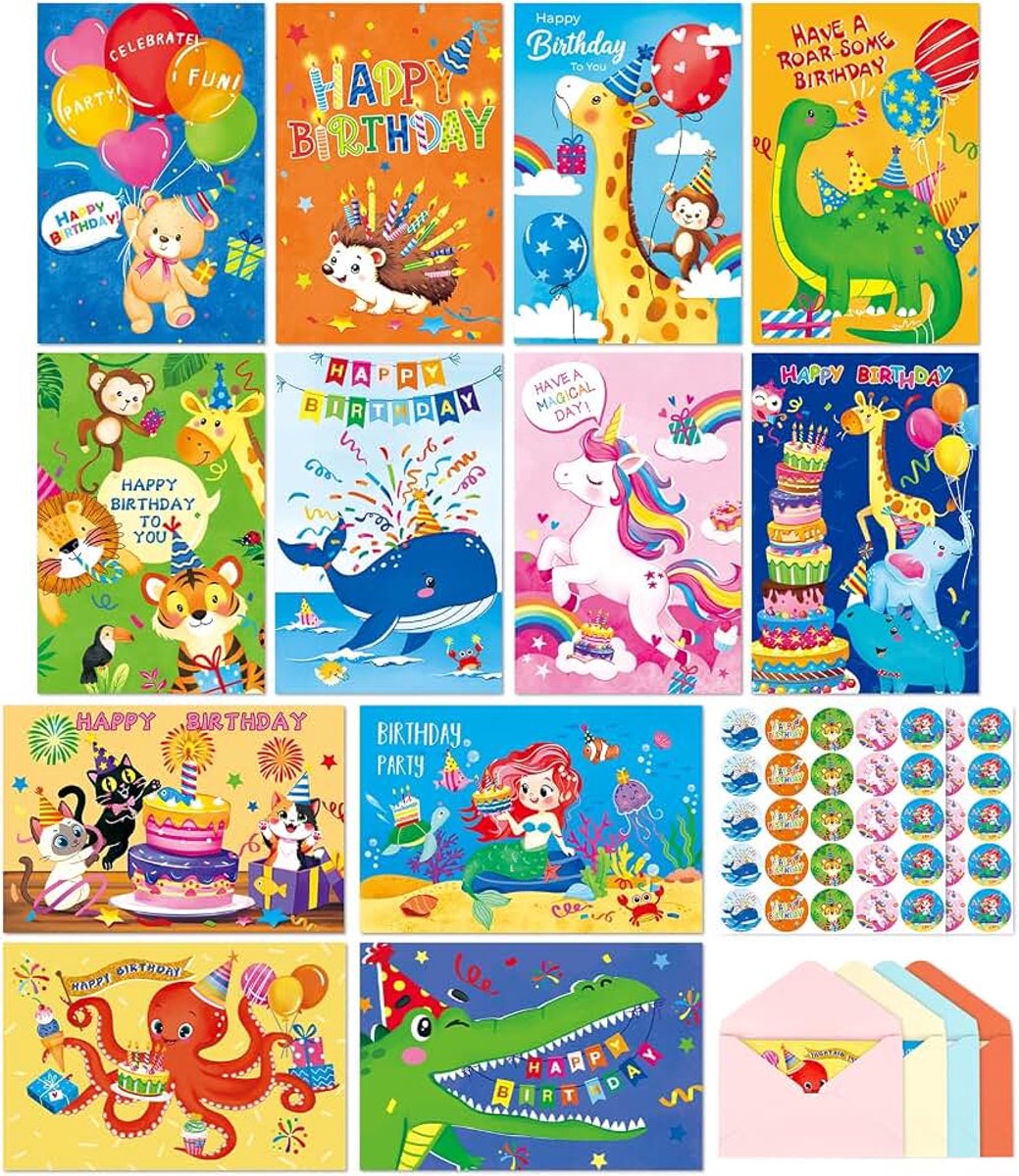 Birthday Cards 48 Bulk Enveloppen & Stickers 10x15cm voor Kids Friends | Complete Set 12 Unieke Ontwerpen Leeg Binnen Vlotte Schrijven Premium Kwaliteit Veelzijdig Gebruik