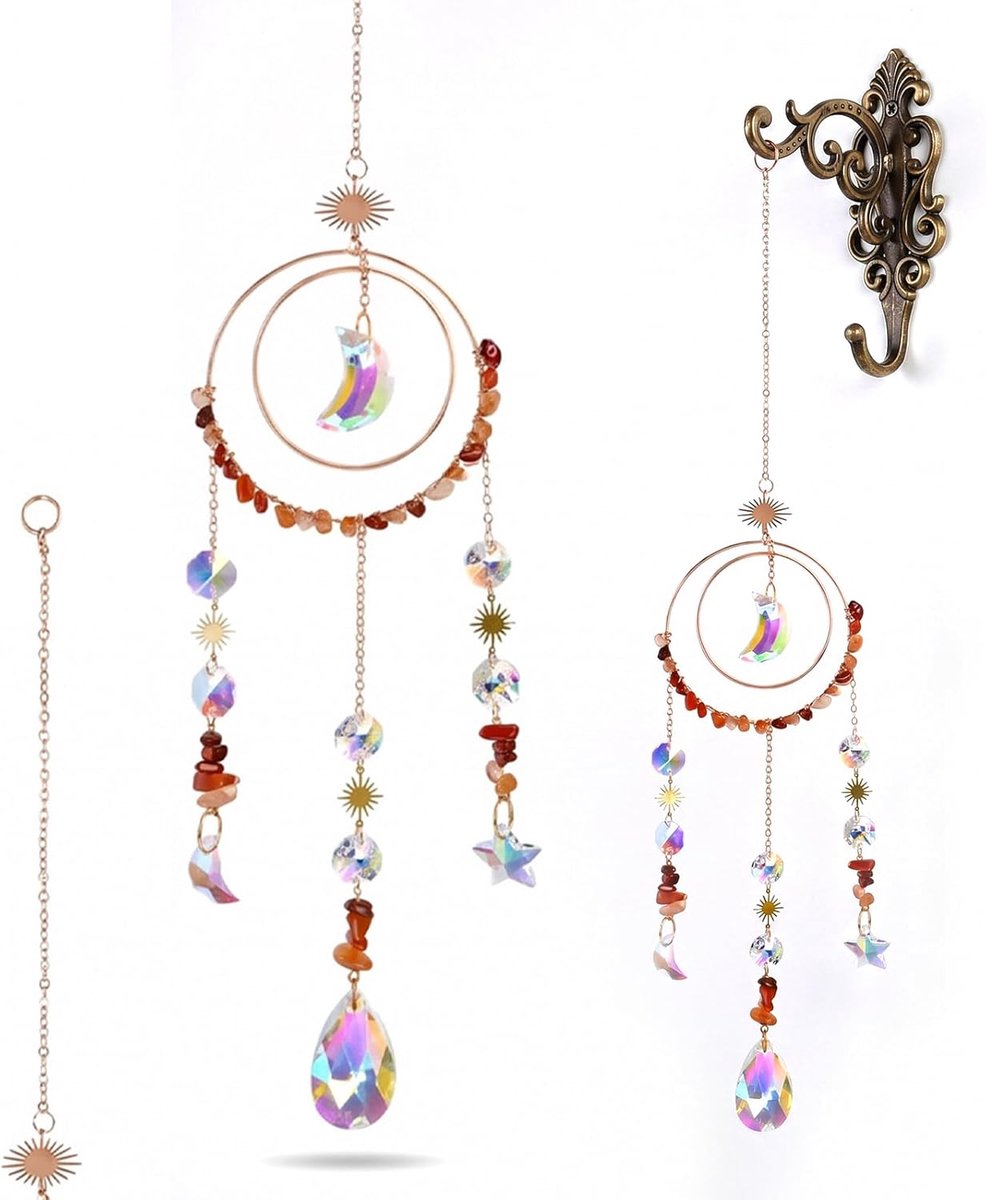 Zonnevanger kristallen raamdecoratie hangend - rode agaat windgong met ster en maan kristallen - 46 cm Suncatcher lichtvanger voor tuindecoratie, balkon, lentedecoratie en spirituele decoratie