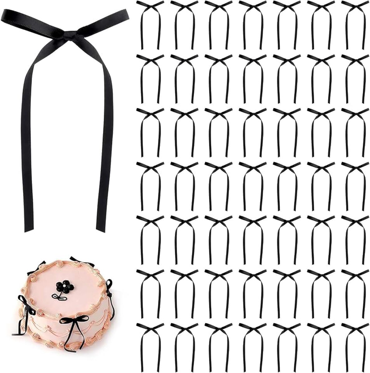 50 stuks zwarte strik taartdecoraties, elegante strik taarttoppers voor verjaardag babyborrel bruiloft feest, vintage lint satijnen strik decoratiebenodigdheden voor meisjes vrouwen