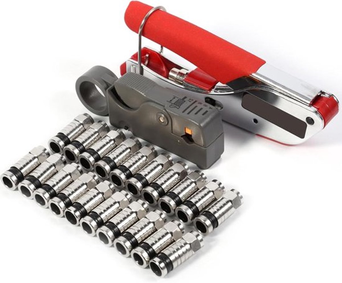 Compressiegereedschap set: tangen, coaxiale RG58 connectoren, kabelstripper, 20 F-compressieconnectoren