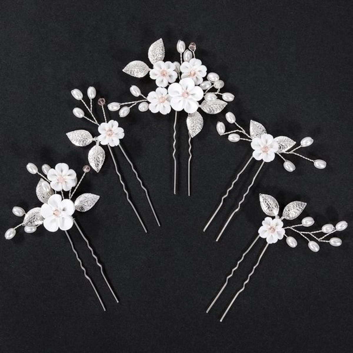 - Haarspeldjes - Bloemige Parel Haarclips - Elegante Stijl - Zilver - Bruidsaccessoires - Perfect voor Bruidsmeisjes en Feestjes