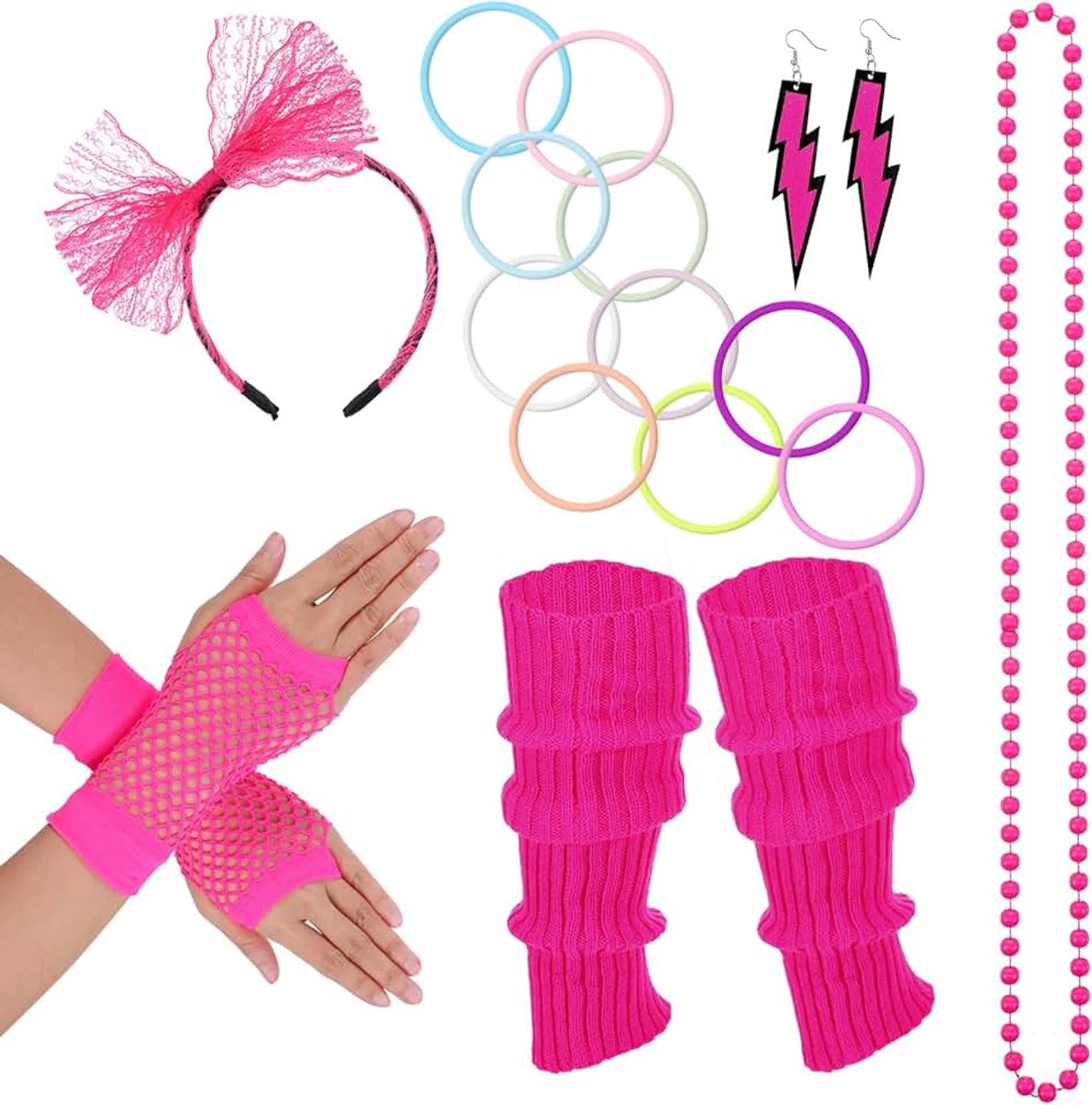80s Fancy Dress Kostuum Accessoires, 1980Vrouwen Hoofdband Errings Visnet Handschoen Ketting Armband Been Warmer Party Outfit