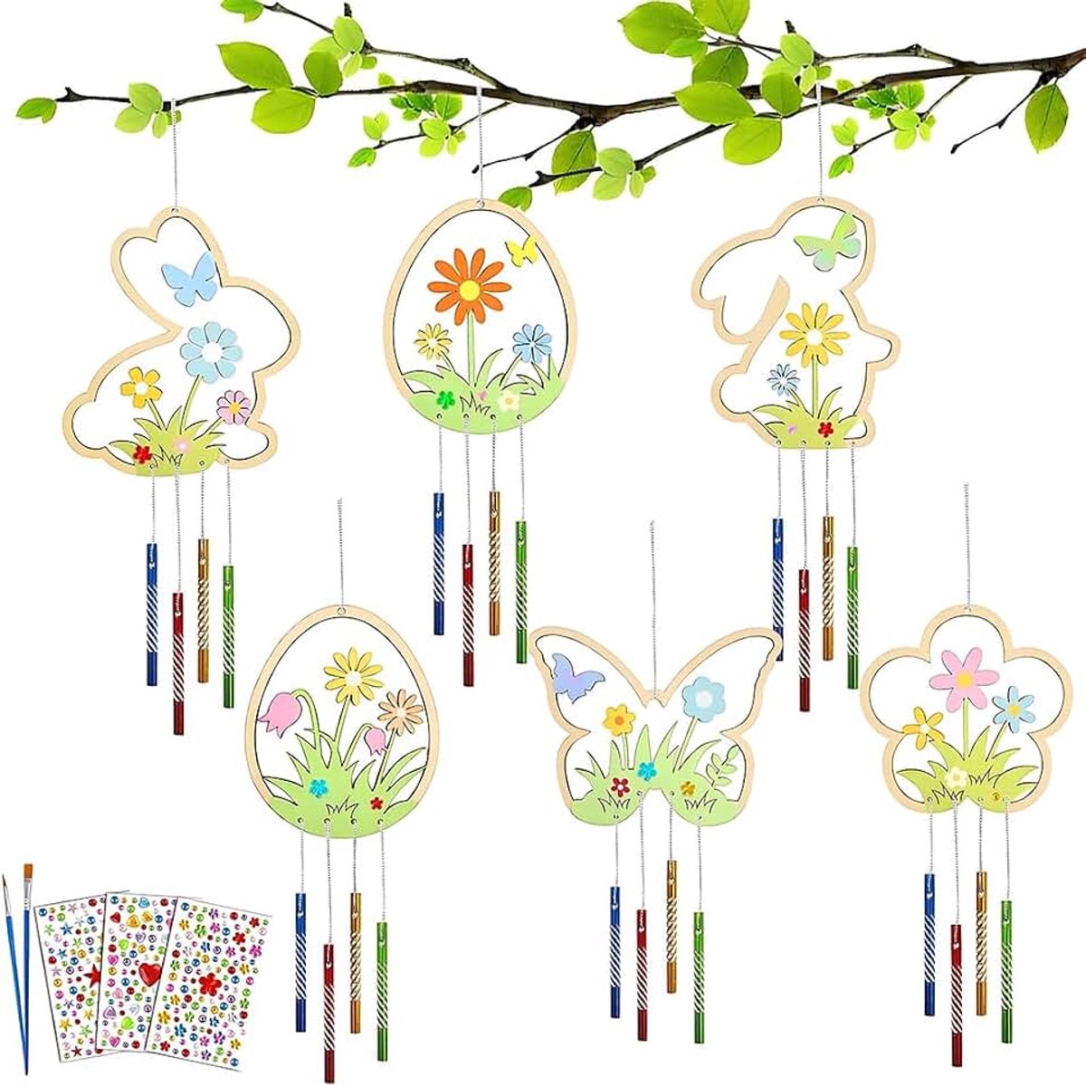 Kinderknutselset met 12 stuks, met windgong, paasdecoratie van hout, paashaas, paaseieren, vlinders, bloemen om te beschilderen, voor meisjes en jongens (groen)