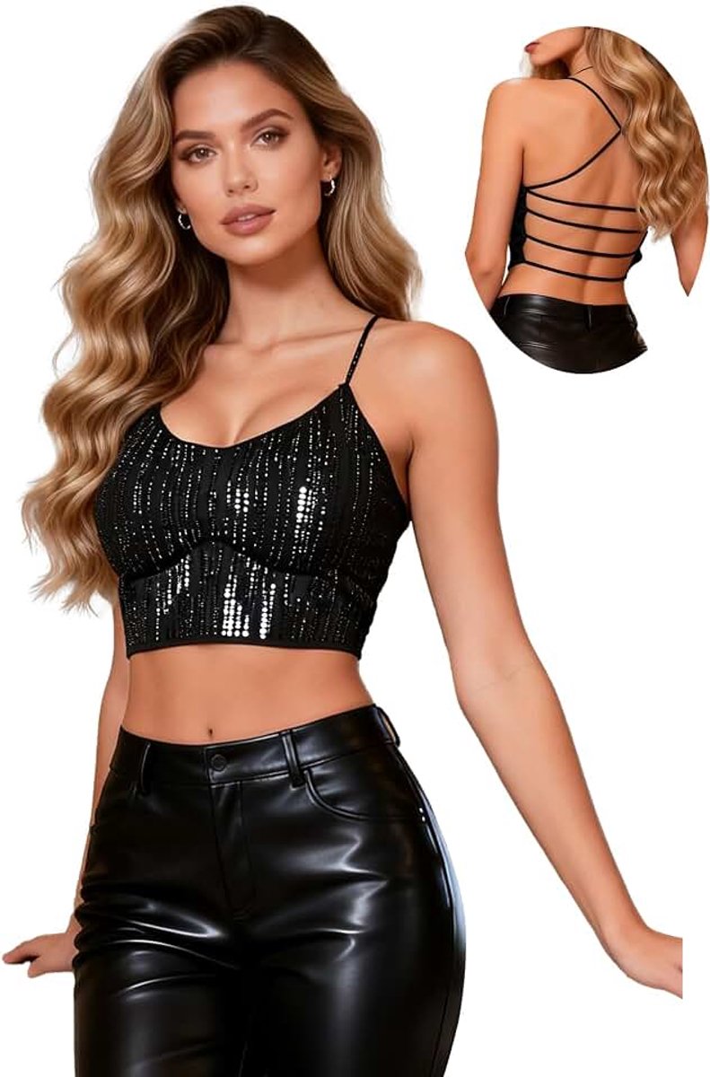Ohmydear Dames crop top cami strassbeslag met uitneembare inzetstukken elegant elastisch sexy bustier met spaghettibandjes rugvrij mouwloos glitter tanktop crop top party clubwear