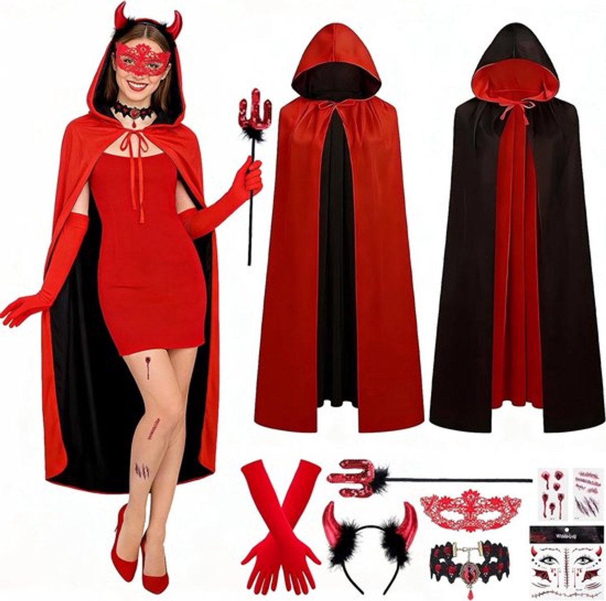 Vrouwelijk Carnaval Kostuum met 9 Onderdelen, Sexy Outfit met Cape, Handschoenen, Haarband en Accessoires voor Feest, Halloween en Theatrale Optredens