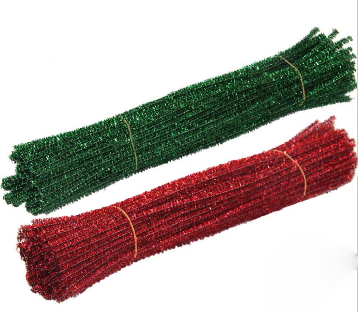 200 stuks pijpenragers, glitter, chenilledraad, wollig, buigpluche, knutseldraad, metalen lijn, buigpluche voor feest, geschenkverpakking, kerstboomversiering, kinderhandwerk, rood + groen