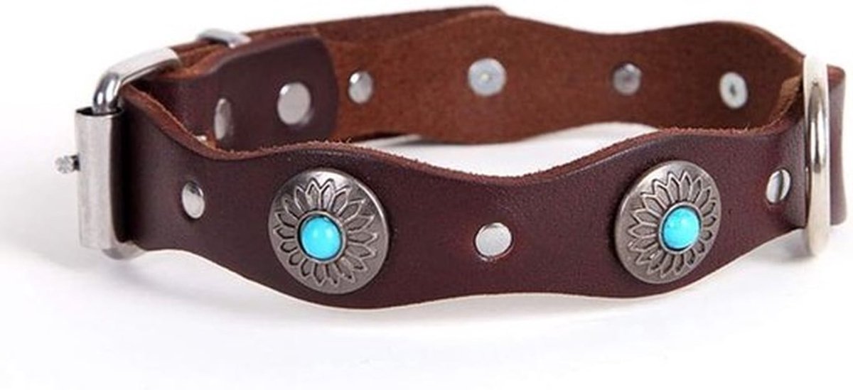 Handgemaakte Vintage Golvende Hondenhalsband van Echt Leer met Turquoise, Geschikt voor Middelgrote en Grote Honden, Maat M, Duurzaam en Stijlvol
