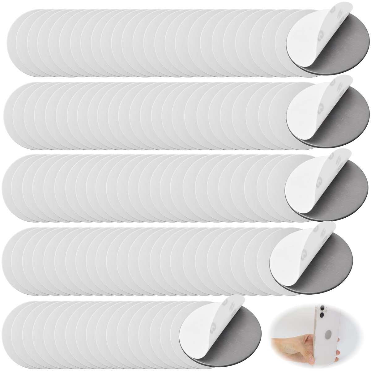 120 stuks Zelfklevende metalen plaatjes, 20 mm ronde roestvrijstalen plaatjes met sterke kleefachterzijde, ultradun voor magneten, telefoonhouder, figuren, foto-decoratie en klussen