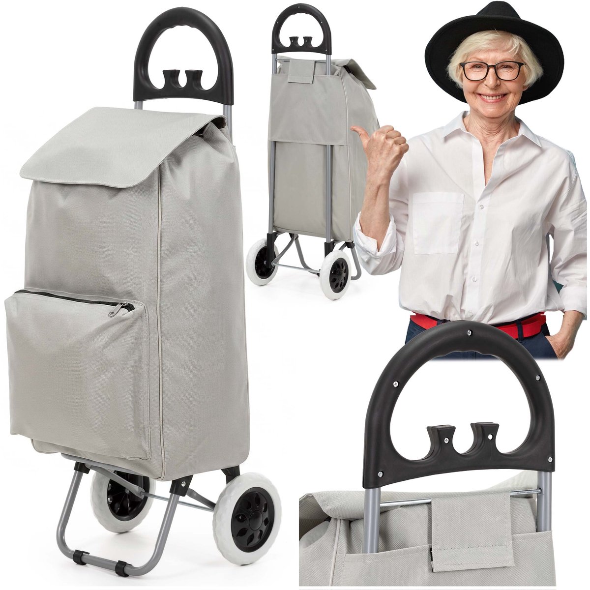 Springos Boodschappentrolley - Boodschappenkrat - Met Twee Wielen - Grijs - Zwart - 46 L - 30 KG - 95 x 35 CM