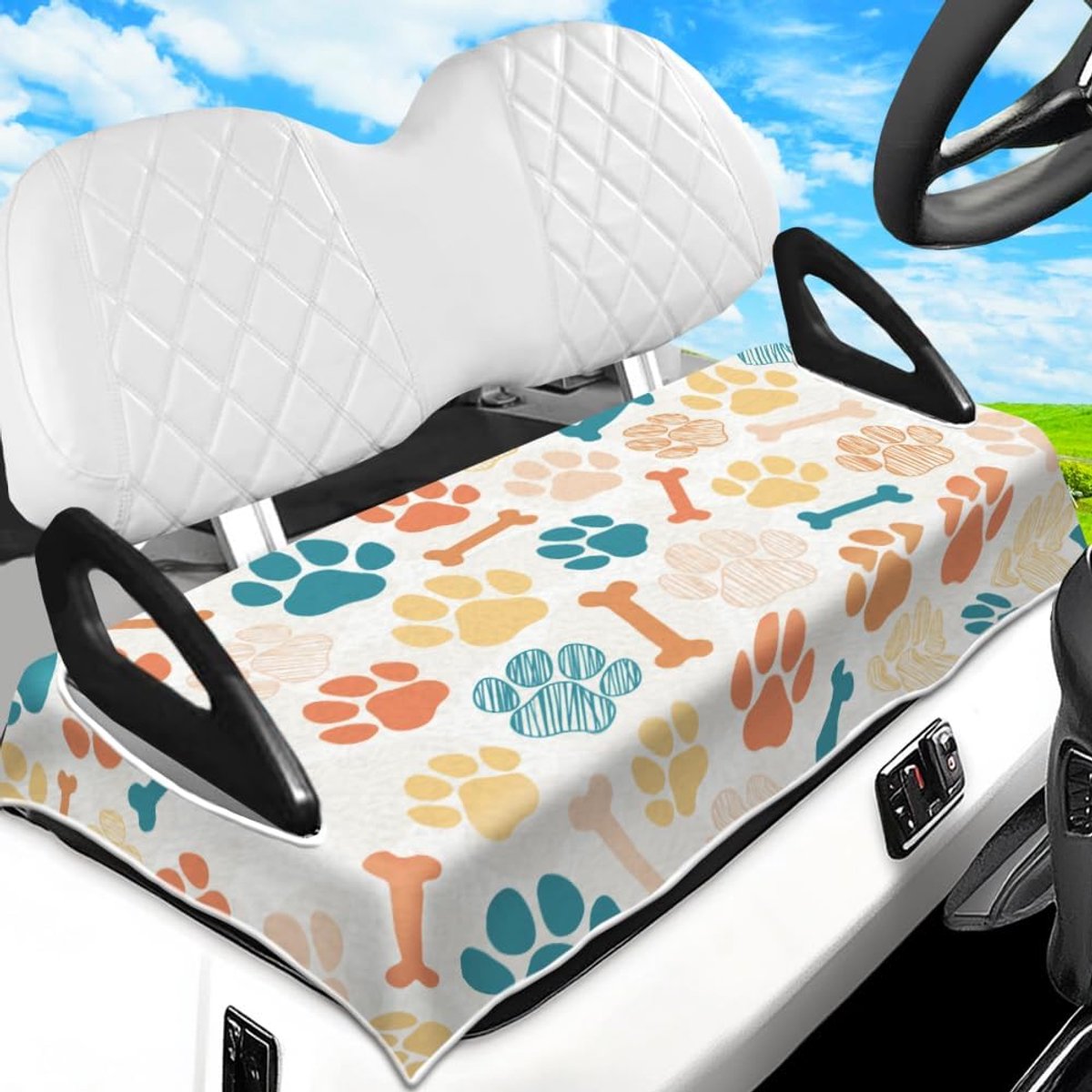 Peacoblue Golfkar stoelhoezen handdoek hondenpoot print met bot 100% microvezel 130 cm x 79 cm golfkar stoeldeken kussens universele pasvorm voor Club Car EZGO Yamaha Precedent 2-zits golfkarretjes