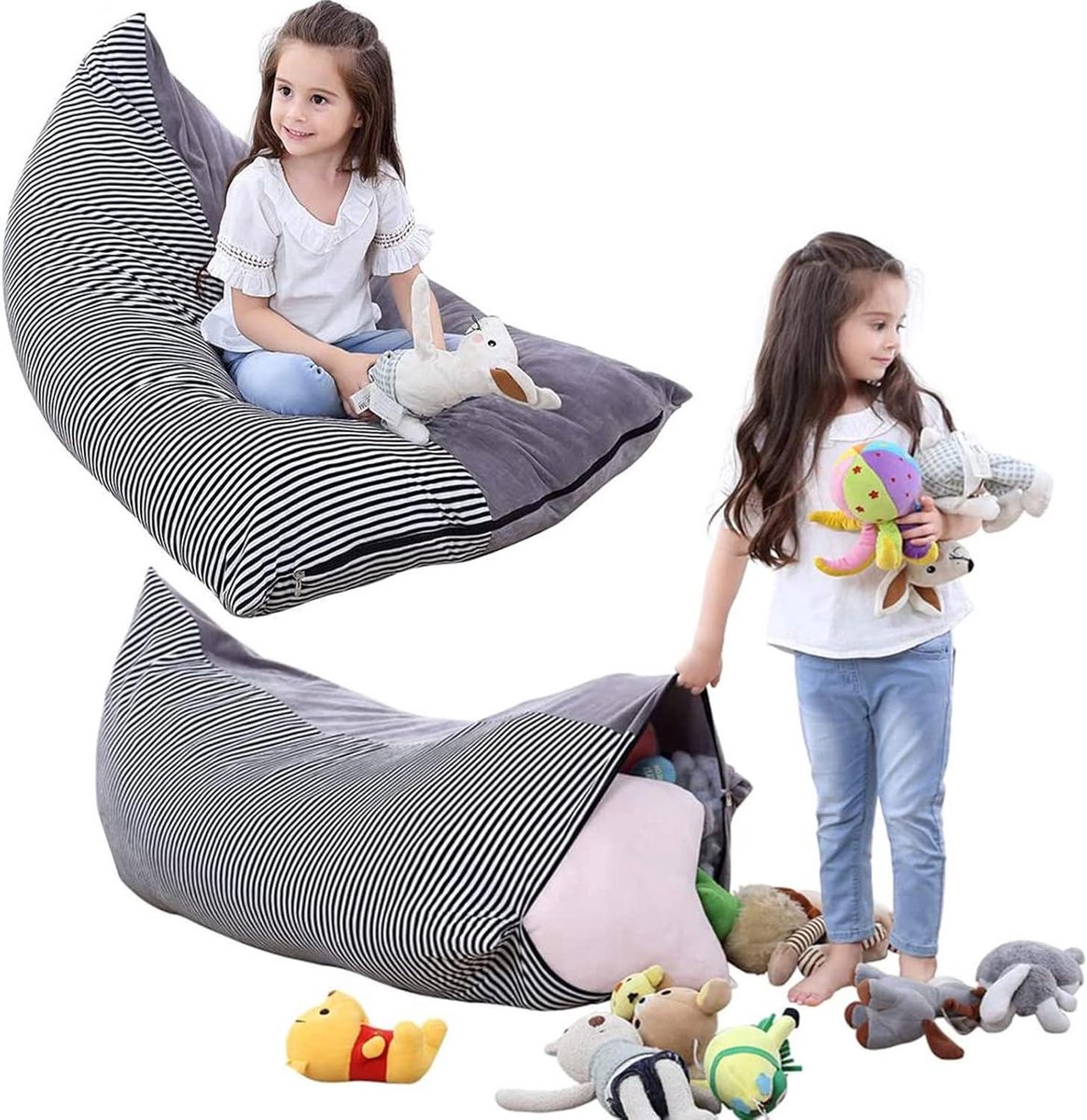 Knuffel Zitzak - Speelgoed Opberger - Kinderkamer Opruimen - Grote Opslagcapaciteit - 200 Liter - Grijs Streep