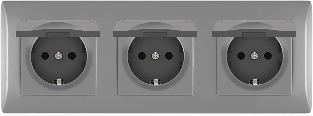 Drievoudig Schuko Stopcontact met Waterdichte Afdekking - Geaard Inbouwstopcontact met Steekklem, PC-Frame voor Keuken, Grijs