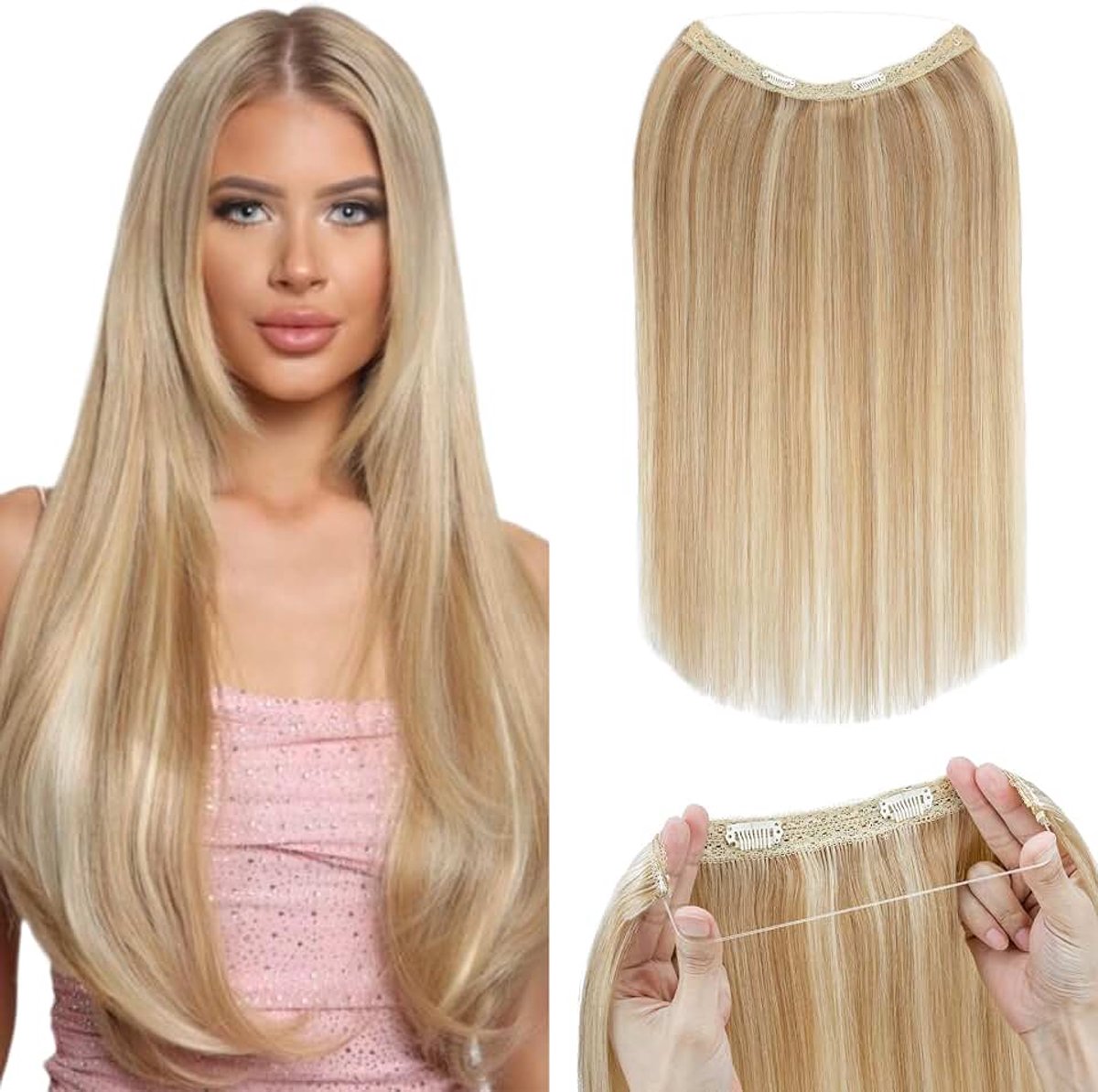 Haarextensies van echt haar met transparant koord, goudbruin, mix bleekblond, 60 g, haarextensies, haarverlenging voor vrouwen, 35 cm