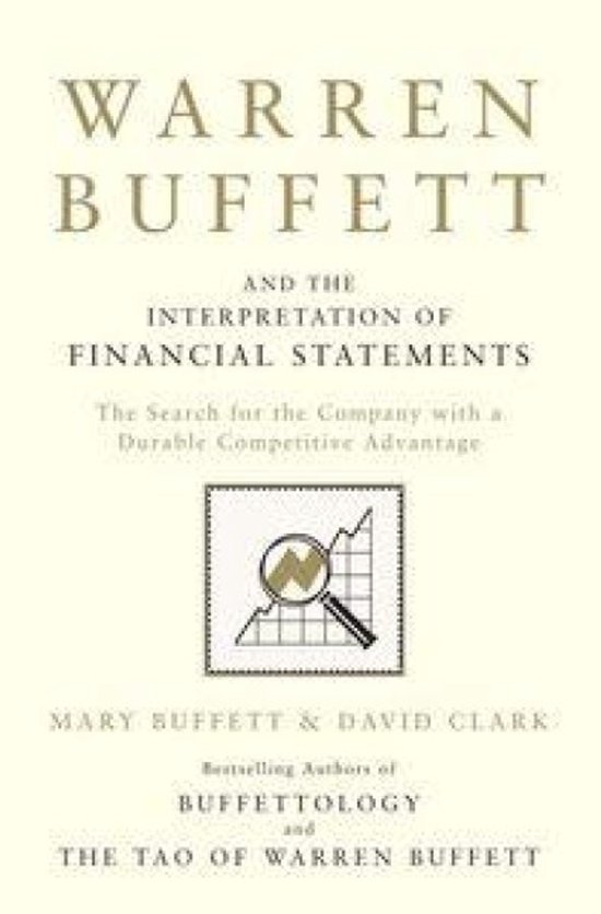 Boekomslag met de titel 'WARREN BUFFETT AND THE INTERPRETATION OF FINANCIAL STATEMENTS'. Een vergrootglas kijkt naar een grafiek.