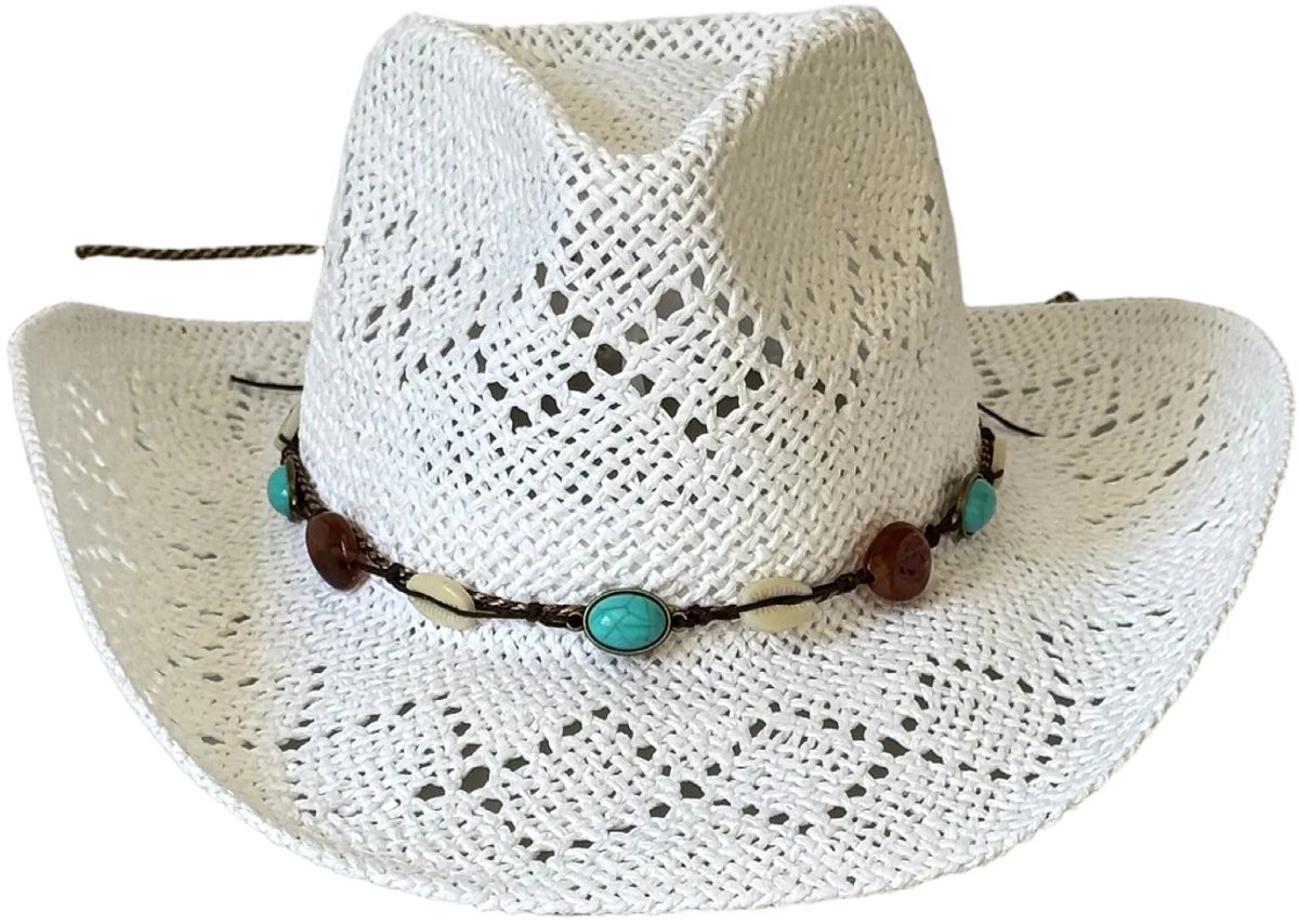 Hoed - Bohemian Strohoed - Handgemaakte Cowboyhoed - voor Strand en Zomervakantie Zonbescherming - Wit