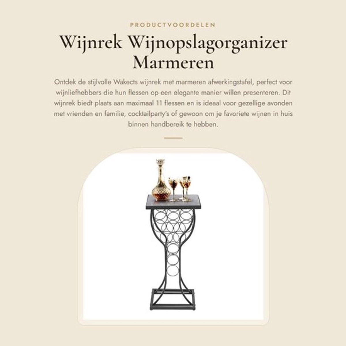 Wijnrek met marmeren tafelblad - Wijnopslagorganizer - Metalen meubel - Voor 11 flessen - Stevig en duurzaam - Makkelijk schoon te maken - Wijnopslag