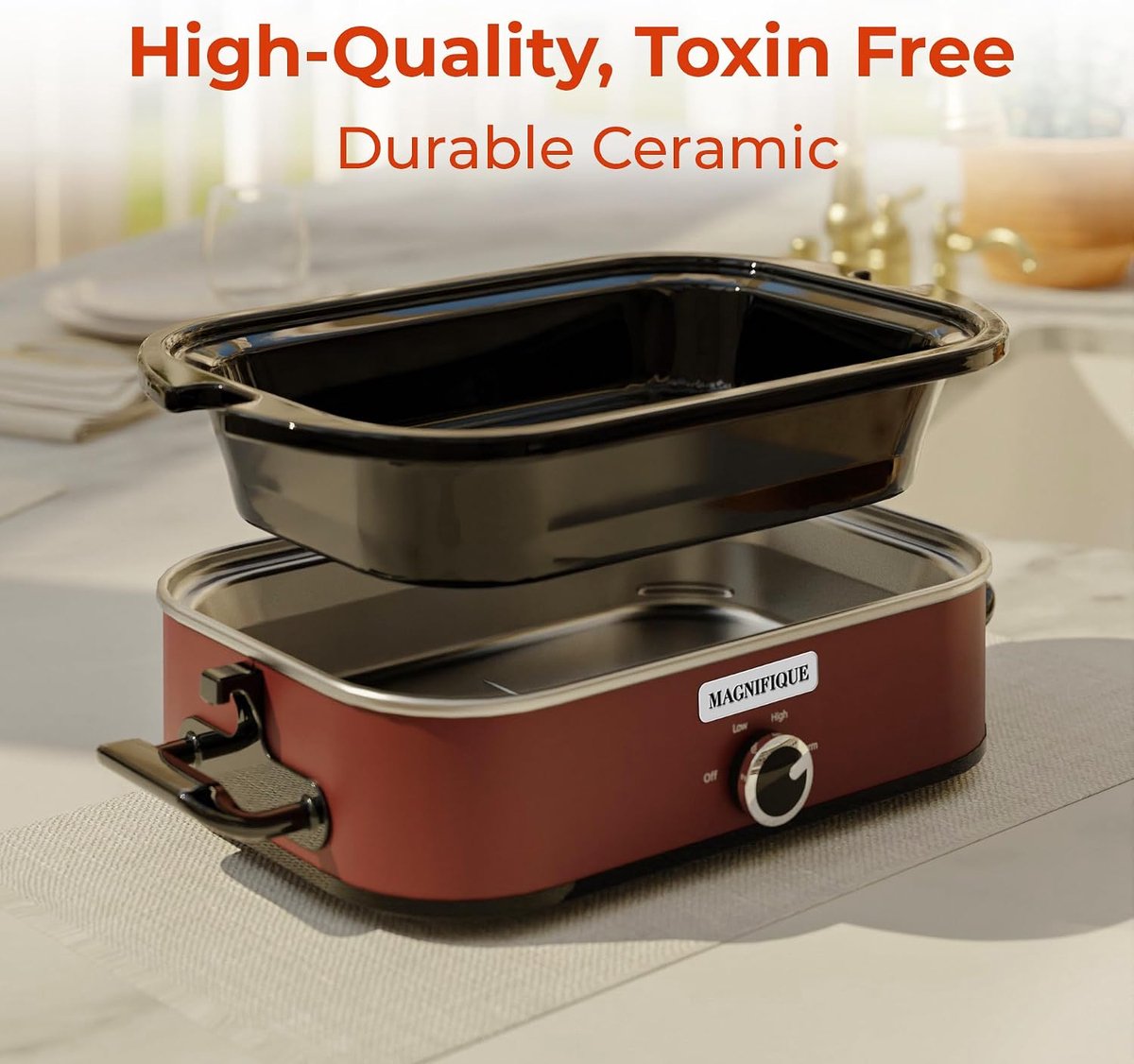 Slowcooker met braadpan - Keukenapparaat - Familiediners maken - Handmatige warmte-instelling - 4 Quarts - Rood – foto 4