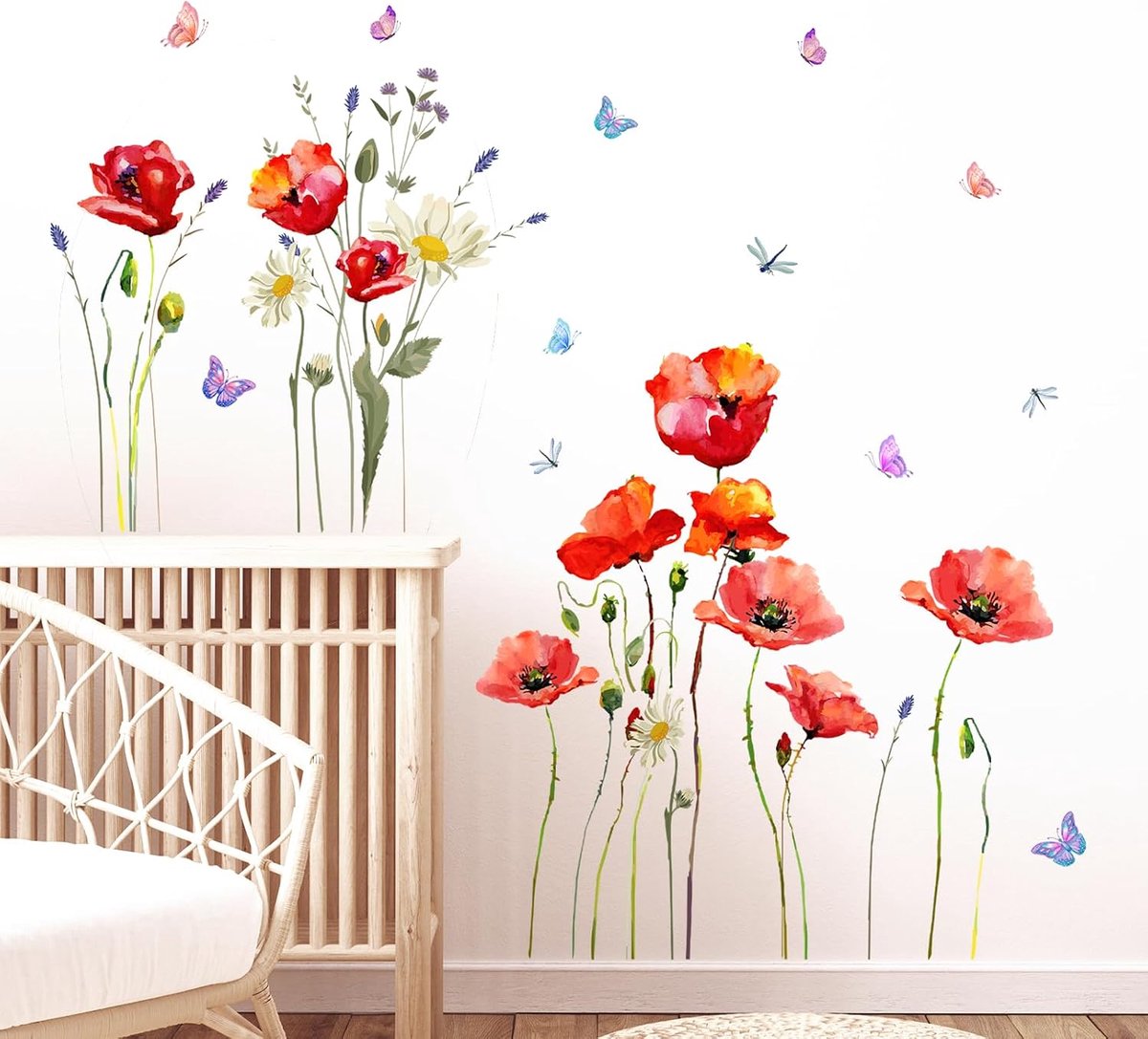 Muurstickers Muurstickers | Bloemenmotief in Aquarelstijl en Vlinders Zelfklevende Decoratie Voor de Woonkamer Slaapkamer of Als Achtergrond Voor de TV