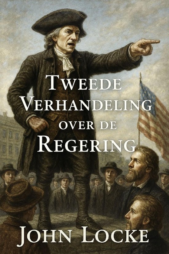 De cover van 'Tweede Verhandeling over de Regering' van John Locke, met een schilderij van een man in historische kledij die naar iets wijst.