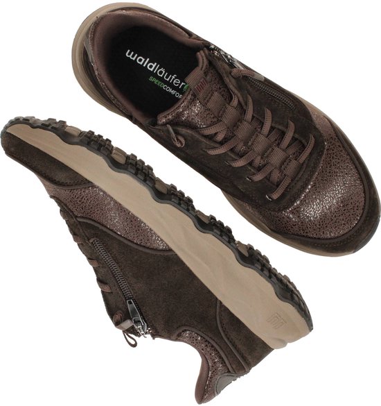 Set van twee bruine Waldläufer sneakers, zijaanzicht met ritsdetail.