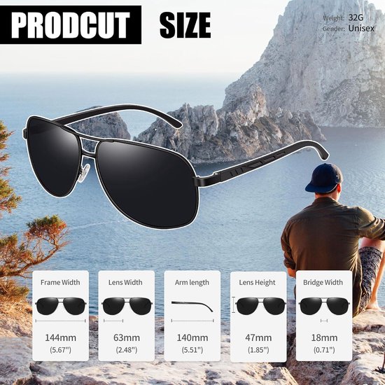 Pilot Zonnebril - Aviator Bril - Buiten Activiteiten - Gepolariseerde UV400 Lens - Unisex - Zwart van Pilot — afbeelding 2