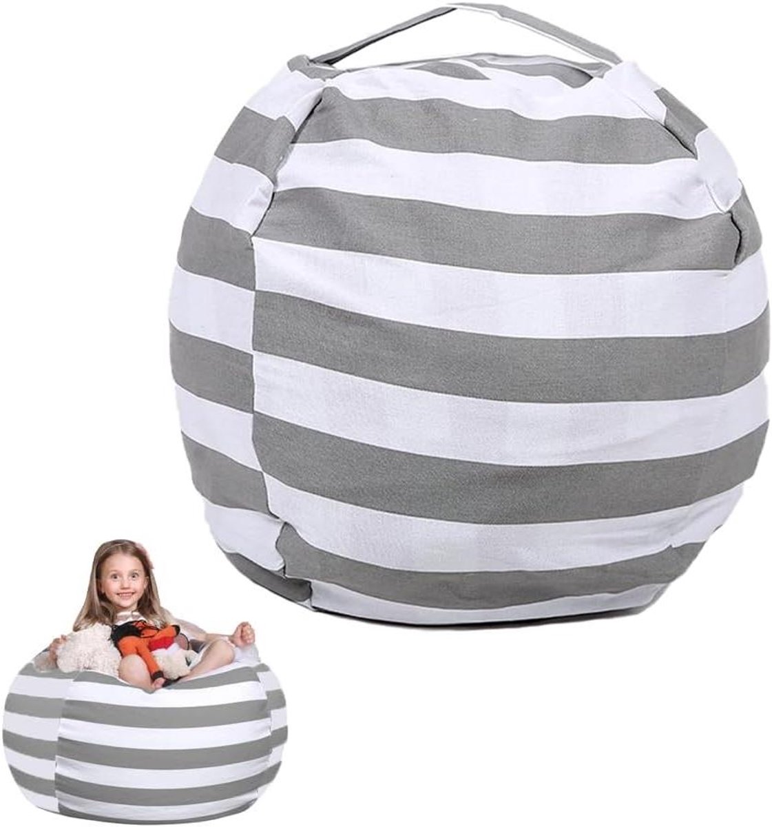 Opbergtas Zitzak - Pluche Opberger - Speelgoed Organiseren - Hoge Capaciteit - 61 cm Diameter - Grijs Wit