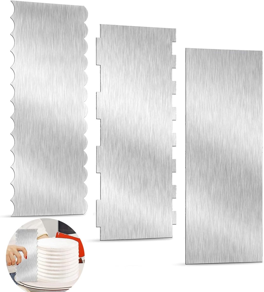 3 stuks taartspatels roestvrij staal 22 x 8 cm, taartaccessoireset met 5 messtructuren, taartschraper, hoekpalet, taart, deegschraper, deegkaart, voor decoratie, botercrème, mousse