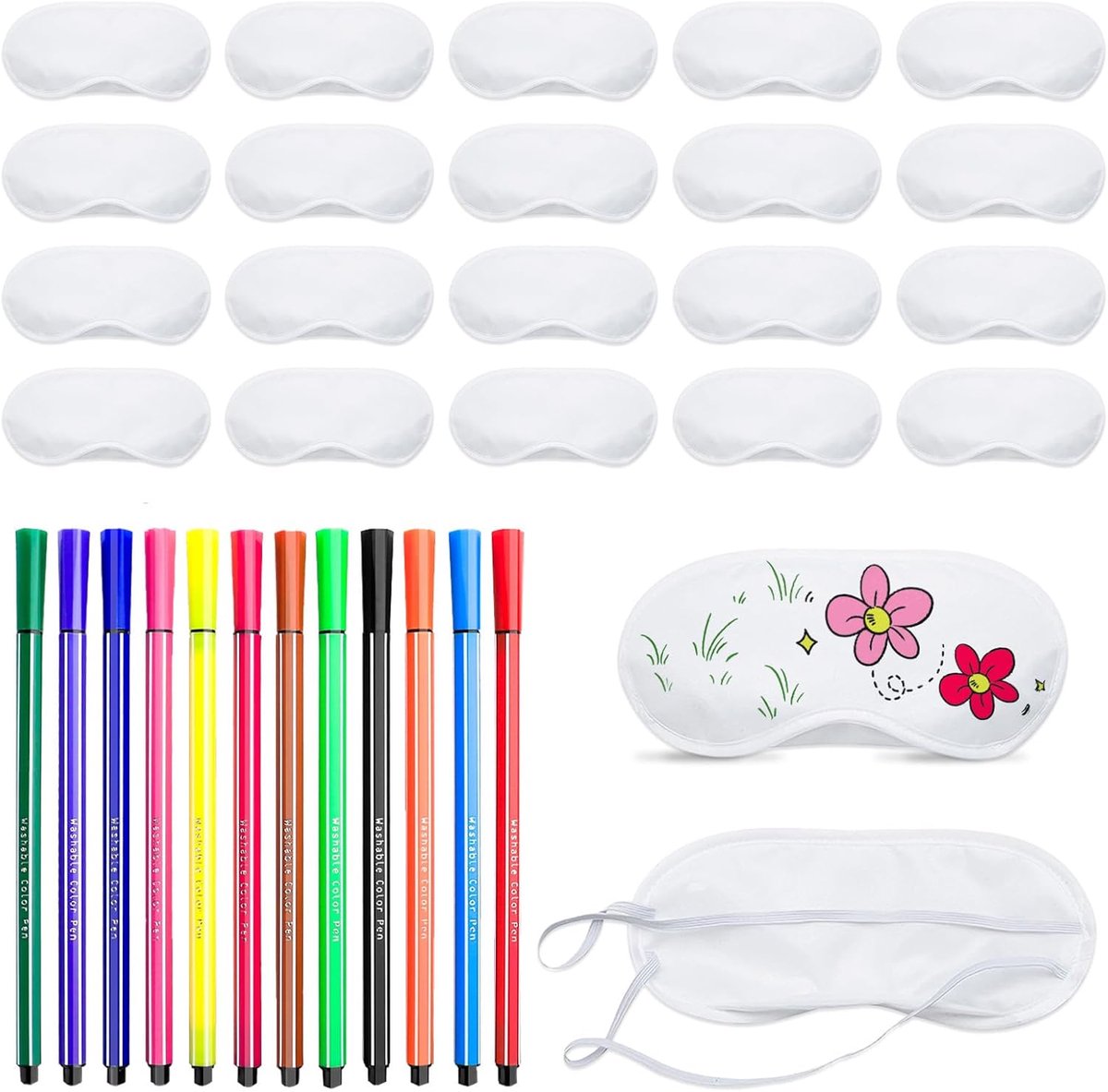 20 stuks slaapmasker, wit doe-het-zelf oogmasker met 12 kleurpotloden, slaapoogmaskers, beschilderbaar polyester slaapmaskers, pyjama-feestdecoratie, overnachtingsfeestaccessoires