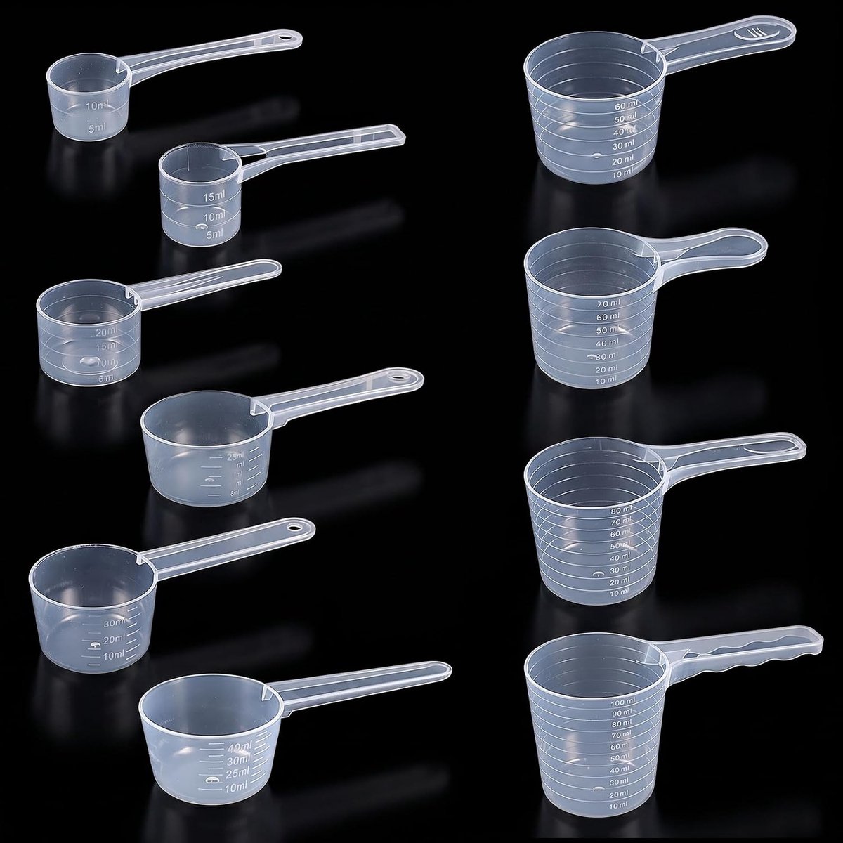 10 stuks maatlepels gram, waspoeder, doseerder, maatlepels, transparant, met schaal voor bakken, koken, koffie (10, 15, 20, 30, 40, 50, 60, 70, 80, 100 mm)