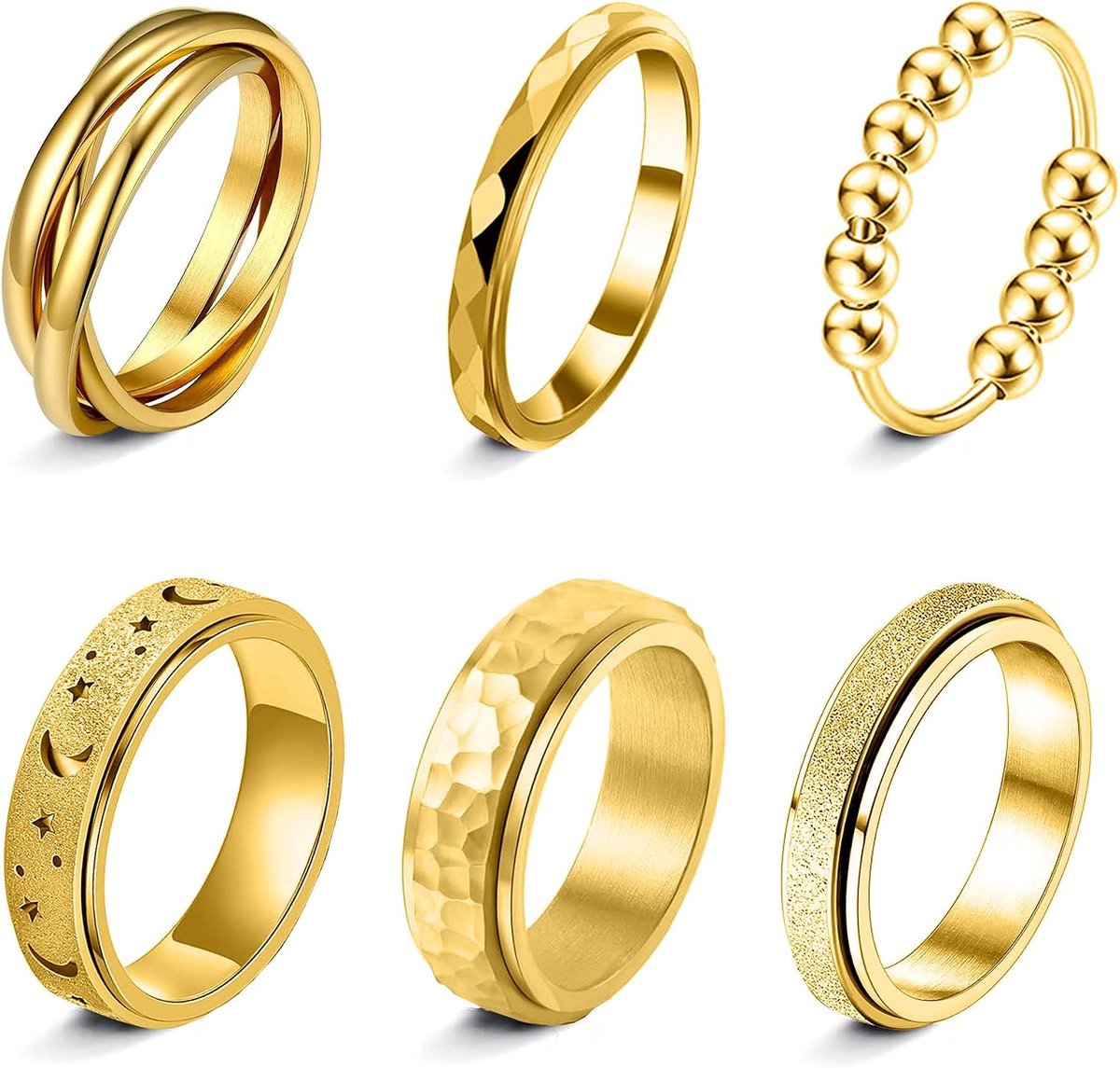 Ringen, set van 6 stuks, van roestvrij staal, spinner-ring, anti-angst en stressverlichtend, ontwerp met maantjes, sterretjes en CZ (kubische zirkonia), voor dames en heren