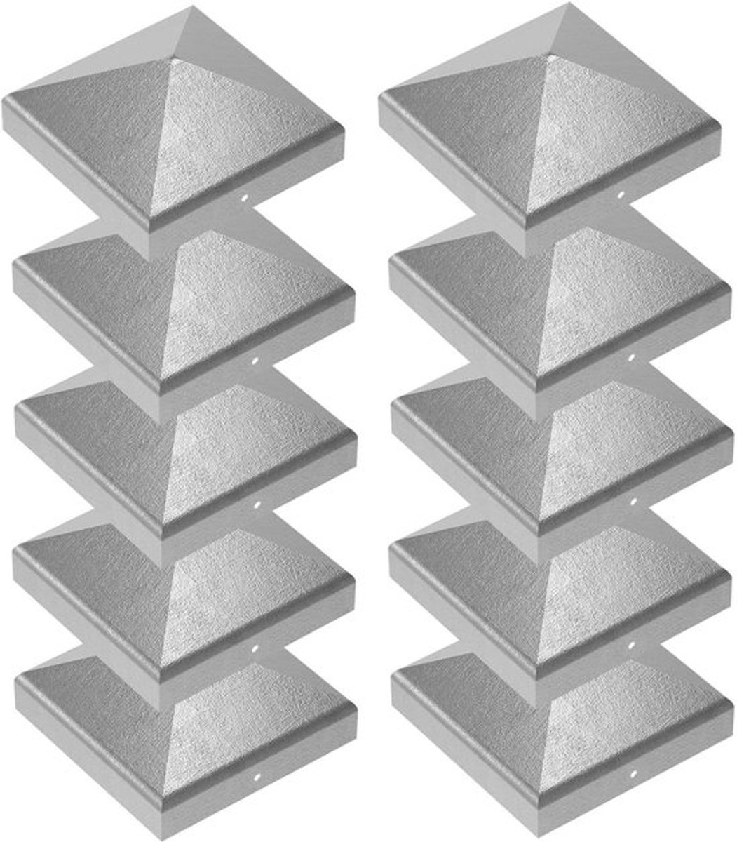 10 houten palen 9 x 9 cm met piramidevormige houten kap - Set van hekkappen 90 mm van verzinkt staal