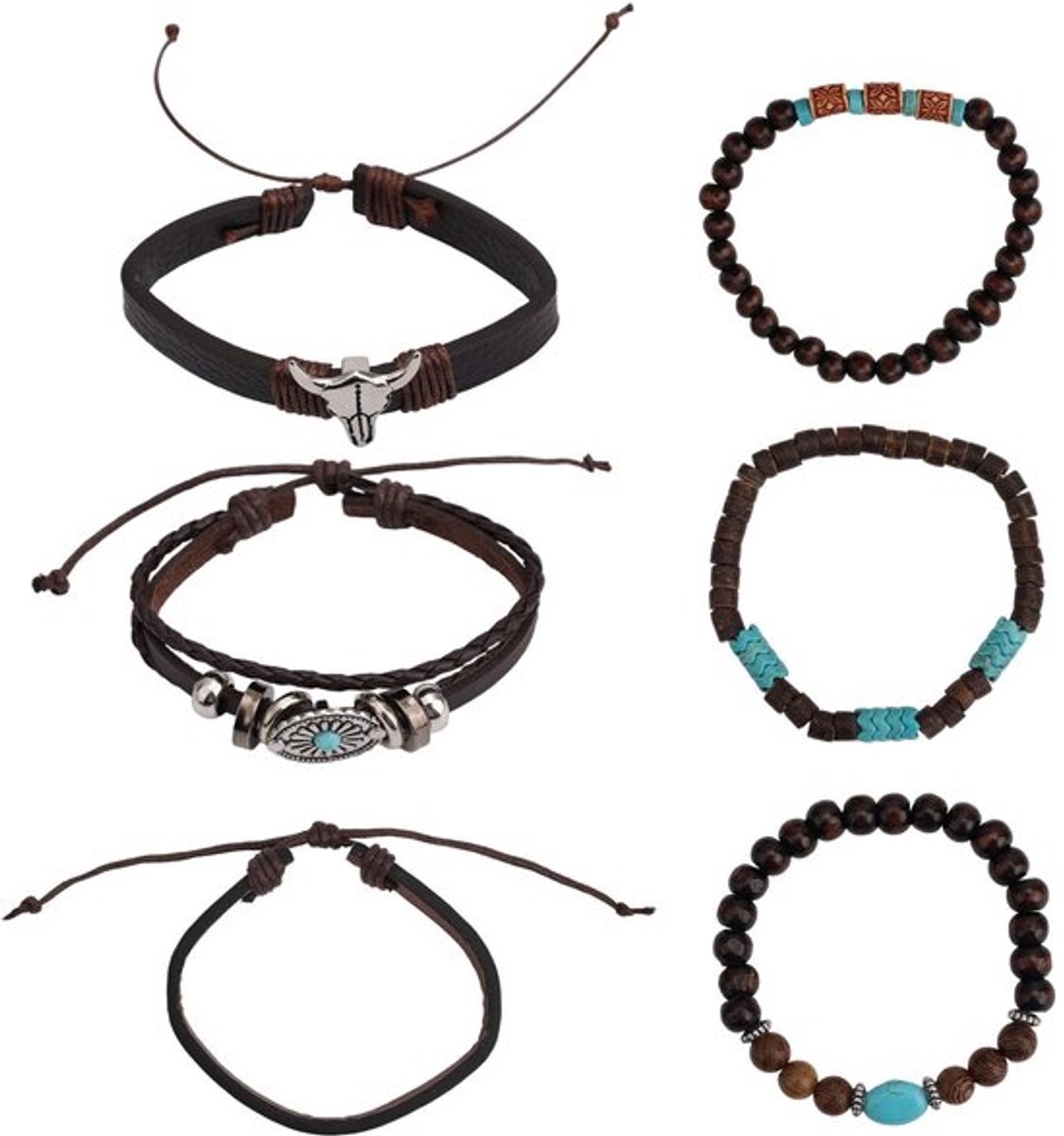 Kralenarmbanden 6 Stuks - Boheemse Vintage - Turquoise Imitatie - Stapelbare Armbanden - Veelkleurig - PU en Houten Kralen - Sieraden