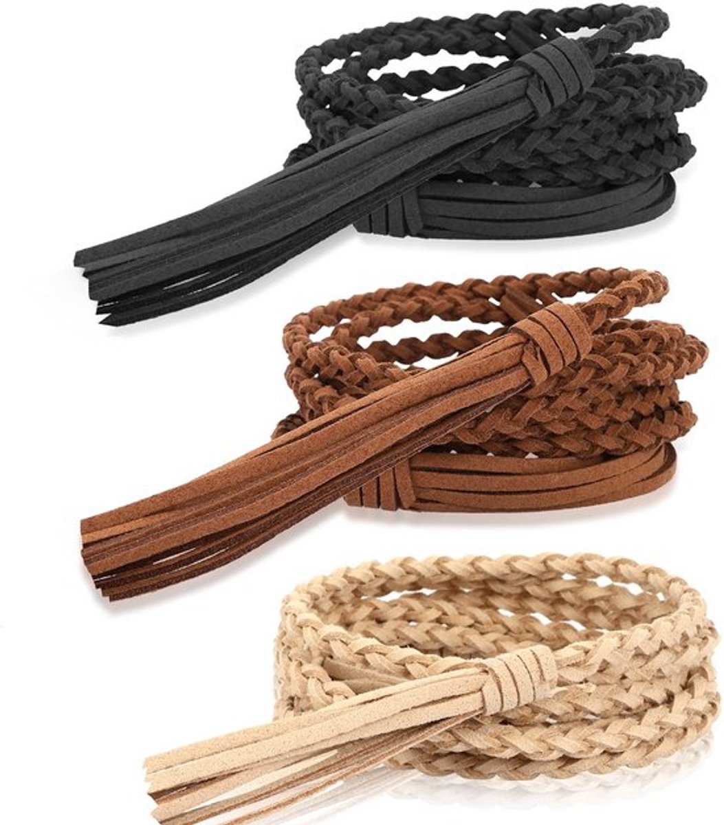Ketting Dames - 3 Stuks - Gevlochten Taille Riem - PU-leer/Houten Kraal - Totale Lengte 165cm - Ondersteuning Taille Onder 130cm