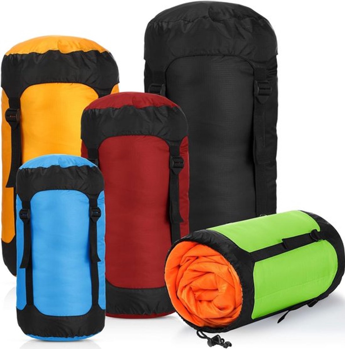 Set van 5 Compressiezakken voor Slaapzakken - Waterproof, Lichtgewicht en Ideaal voor Backpacken, Kamperen en Outdoor Activiteiten