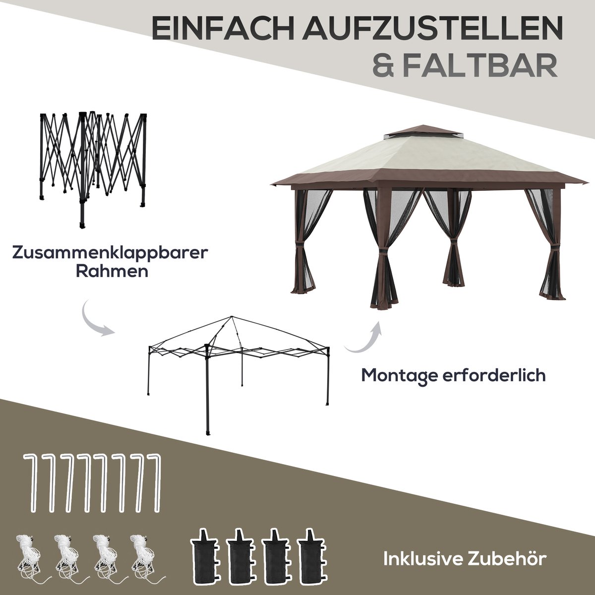 DESMIU Partytent – 392 x 392 x 283 cm – Hoogteverstelbaar En Opvouwbaar – Polyester En Metaal – Beige – Voor Tuinfeesten Met Netgordijnen
