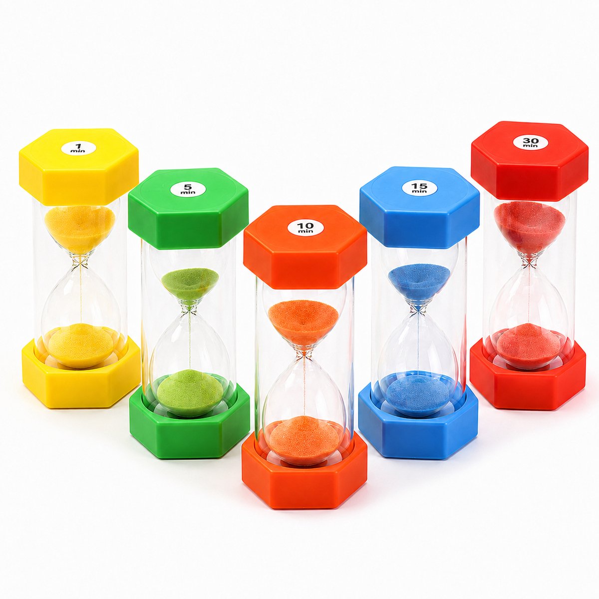 Zandloper Set van 5 - Kinder Zandlopers 1/5/10/15/30 Minuten - Onbreekbaar Kunststof - Meerkleurige Timer voor Spelletjes en Huiswerk