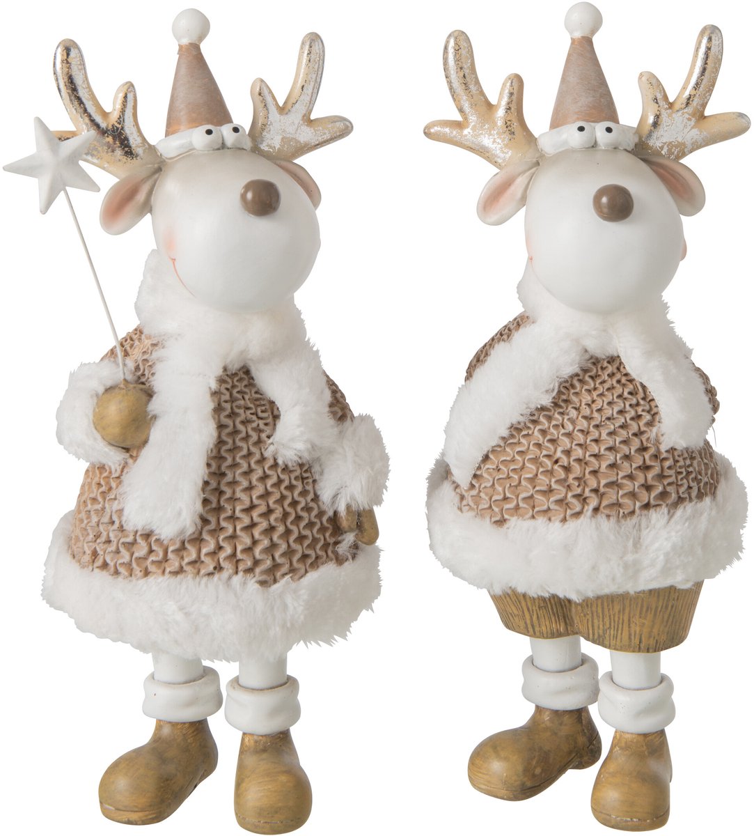 J-Line figuur Rendier Winterkleren - polyresin - wit/beige - large - 2 stuks