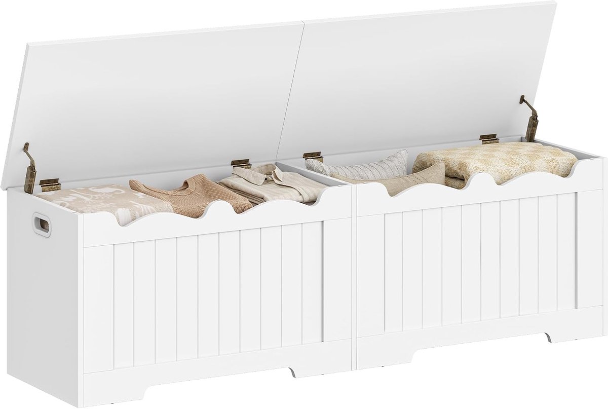 Hzuaneri Kistbank met opbergruimte, wit, 40 x 150 x 48 cm,Schoenenbank, 2 veiligheidsscharnieren, schuurstijl, geschikt voor entree, hal en slaapkamer