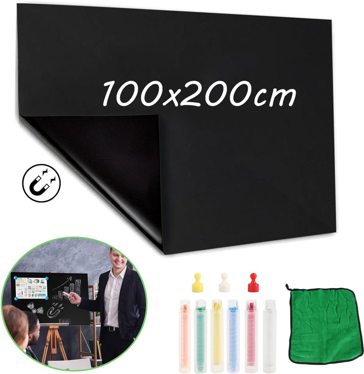 Zelfklevende Magnetische Krijtbord Muursticker - Schoolbordfolie Van 200 x 100 cm - Inclusief Stofvrije Krijtjes En Magneten