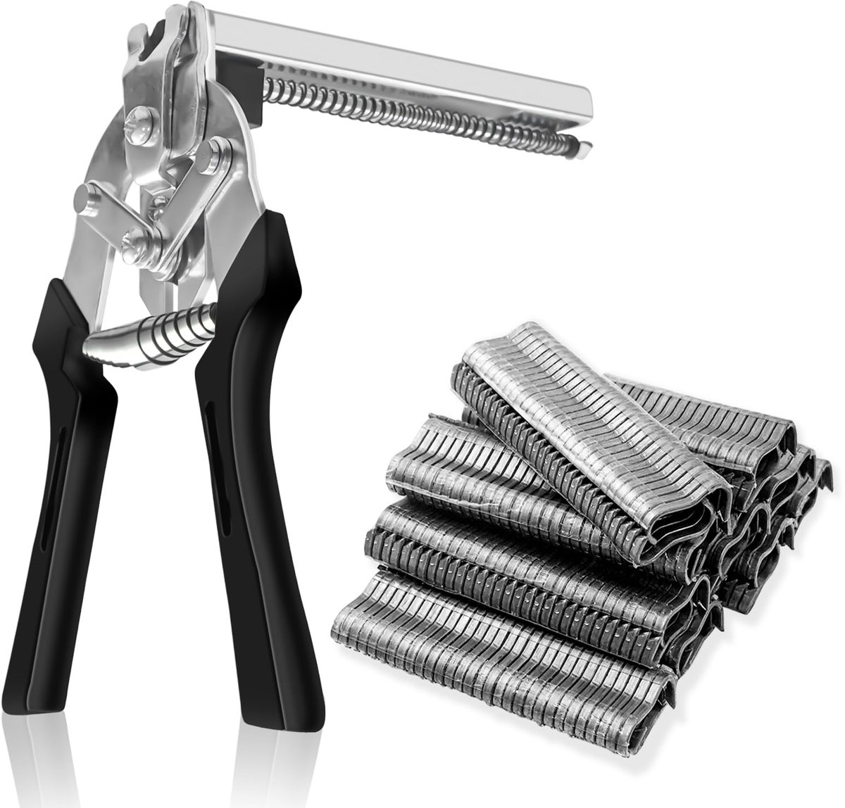 Varkensringtang met 600 stuks M-clips pluimveekooi klem handgereedschap voor kippengaas kooi draad hekwerk krimpsoldeer gezamenlijk lassen reparatie, zwart