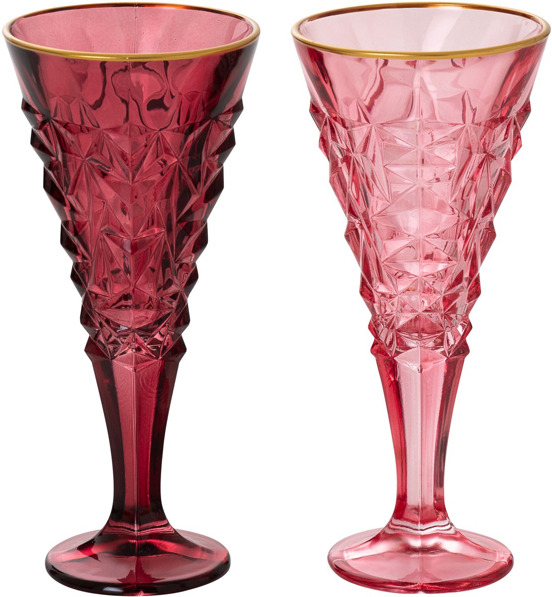J-Line champagneglas gouden rand reliëf - glas - bordeauxrood/lichtroze - large - assortiment van 2