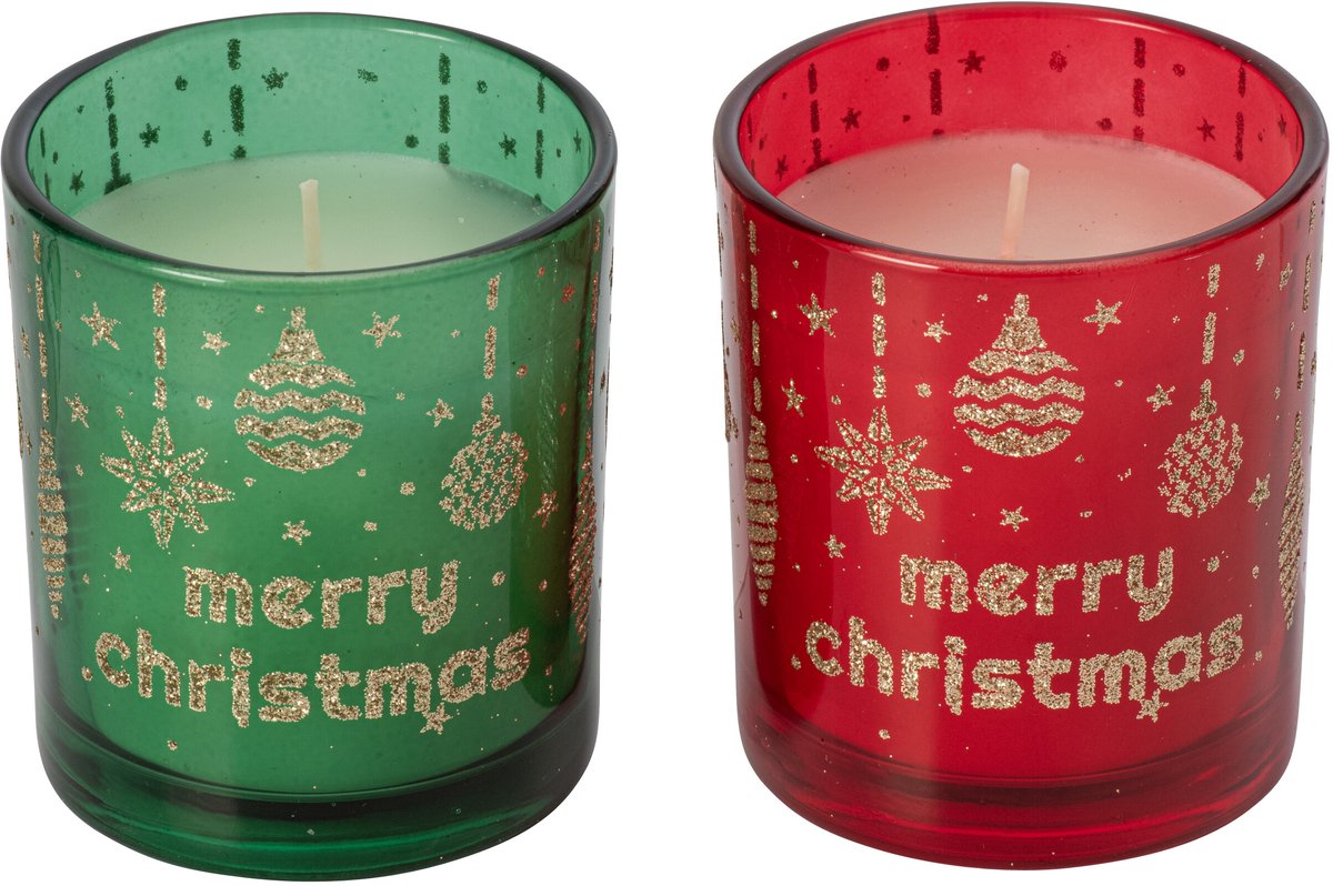 J-Line Kaars Merry Christmas - glas - kerstrood/smaragdgroen - assortiment van 2