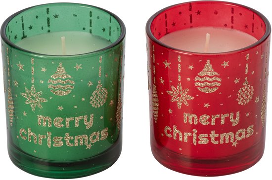 Twee glazen waxinelichthouders met kerstversiering en de tekst 'merry christmas'. Eén is rood, de ander groen.